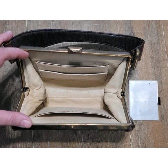 Vintage 1950s Dark Chocolate Crocodile Purse Bag Leather Bellstone Pinup Germany
